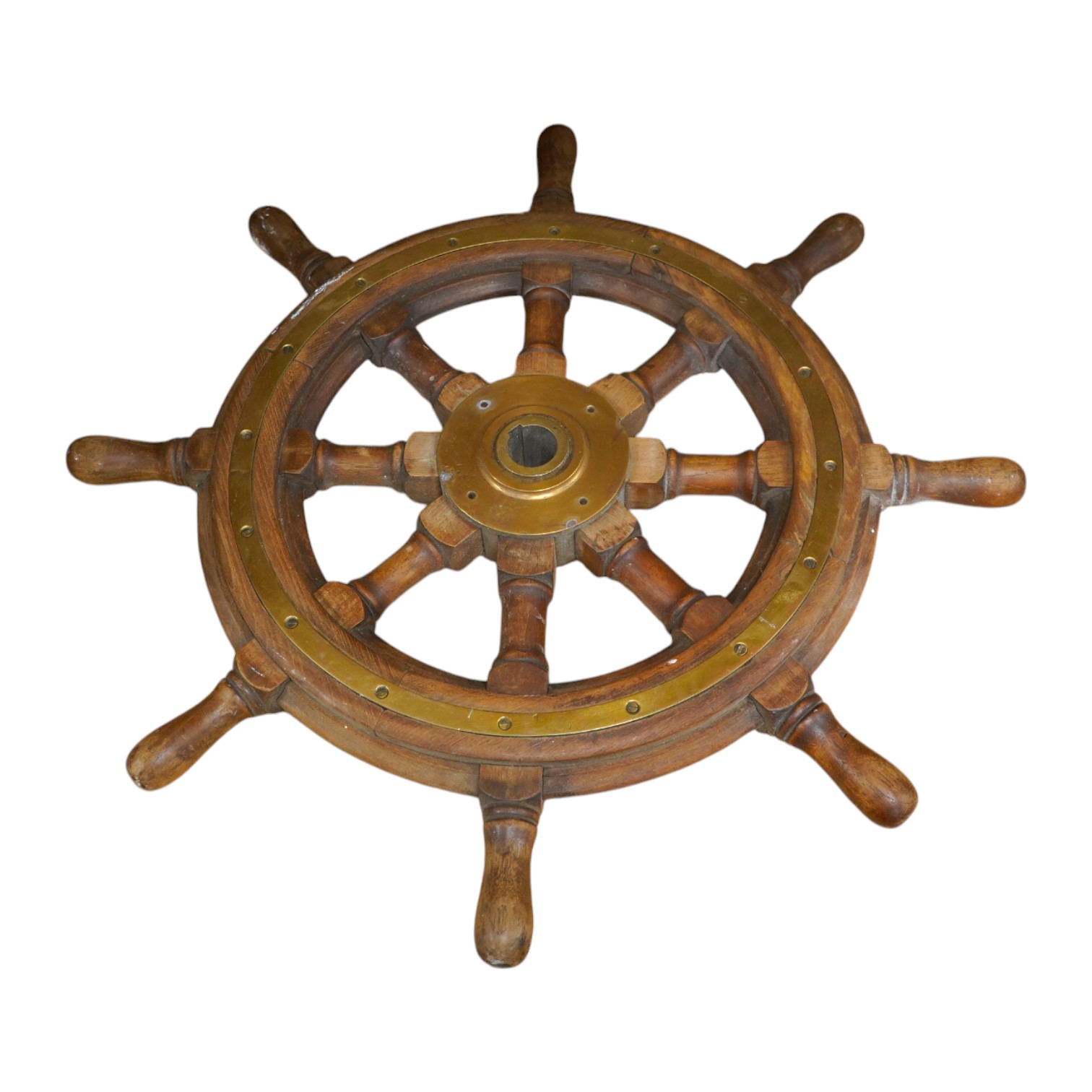 Maritime interest, a brass mounted hardwood ship’s wheel, 68cm in diameter. Condition - fair